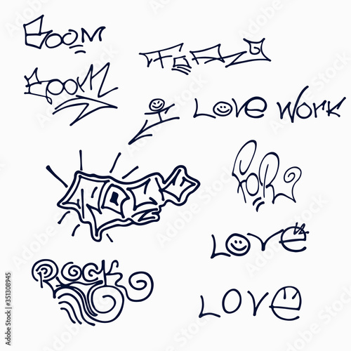 Black and white set of different words- travel, love, forever, for, the, this,let's go. Hand drawn elements for typography, graphic design. Vector clipart.