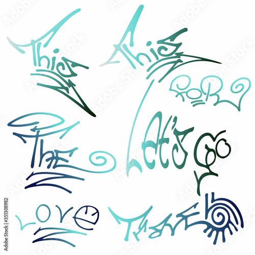 The set of different words- travel, love, forever, for, the, this,let's go. Hand drawn elements for typography, graphic design. Vector clipart.