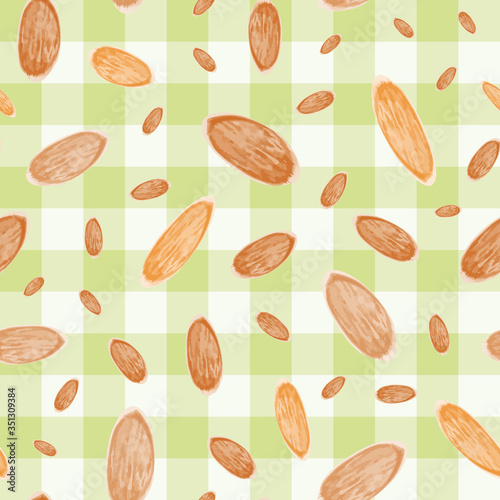 Almond vector seamless pattern background. Hand drawn nuts on green white gingham backdrop. Assortment of different shape seeds design. Modern all over print for food, health cooking nutrition concept