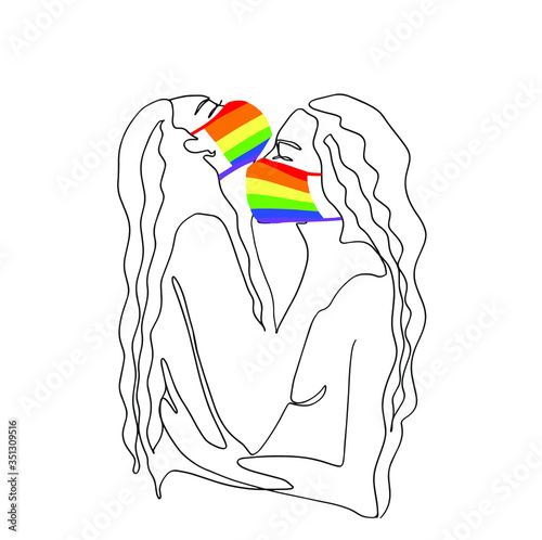 Two masked girls from the LGBT flag kiss. The girls are kissing. The concept of free love, relationships, love and romance. Vector illustration. Line art on white background. For cards, posters, desig