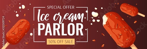 Banner design with choc-ice for Ice cream parlor or shop, Sweet products, Dessert. Vector illustration for poster, banner, flyer, commercial, advertising, menu.  photo