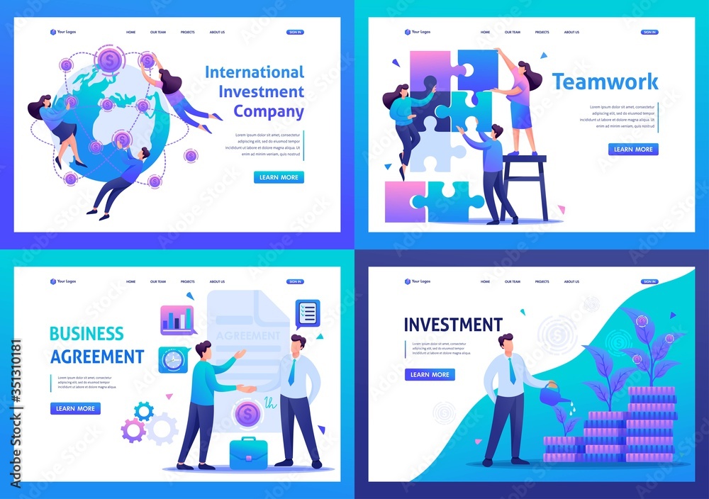 Set Flat 2D concepts teamwork, investment and growth, business agreement. For Landing page concepts and web design