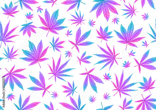 Cannabis leaves seamless pattern, background. Vector illustration in neon, fluorescent colors.