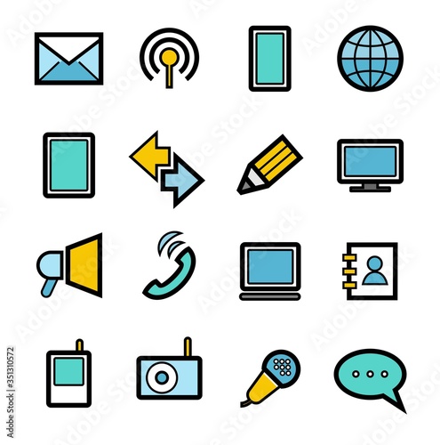 Communication tools, icons, set, color. Modern communication. Color images with black outline. Vector images.  