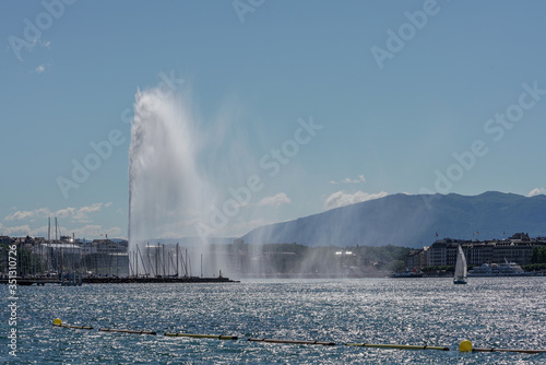 Switzerland, Geneva, June 12 2019.City of Geneva and water jet