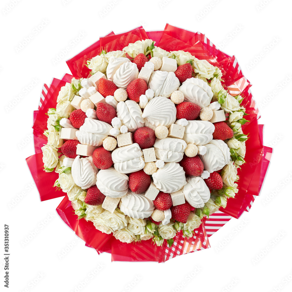 Beautiful bouquet created from white roses, marshmallows and ripe strawberries Beautiful bouquet created from white roses, marshmallows and ripe strawberries