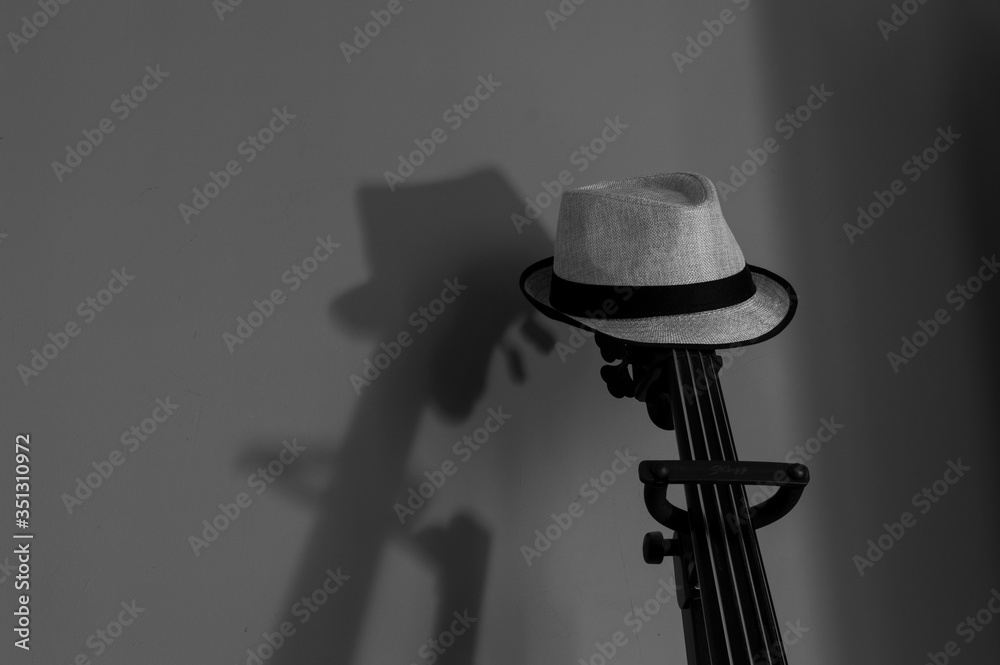 Naklejka premium Double bass with a 50's style hat on casting a shadow on a wall in black and white