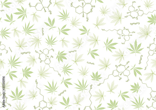 Cannabis leaves and cbd, cannabidiol formula seamless pattern, background. Vector illustration in green colors. Isolated on white background.