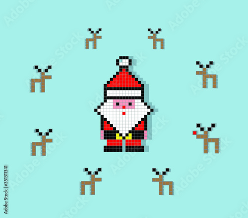 Pixel Art vector illustration of Santa Claus and reindeer.