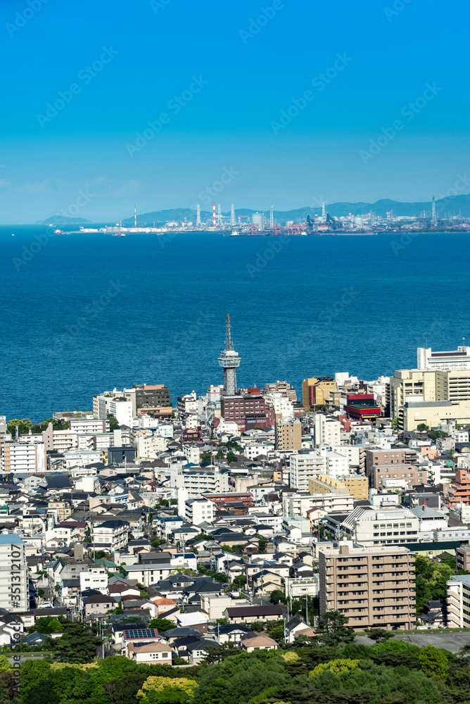 Cityscape view of Beppu city and Beppu bay, Oita, Kyushu, Japan