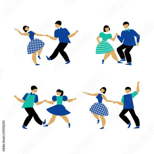 Dancing couple set on white background. The guy and the girl are dancing swing, rock and roll or Lindy hop. Male and female performing dance party. Vector illustration in flat style
