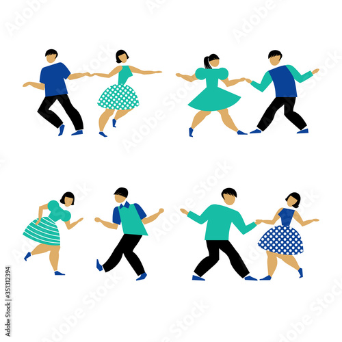 Dancing couple set on white background. The guy and the girl are dancing swing, rock and roll or Lindy hop. Male and female performing dance party. Vector illustration in flat style