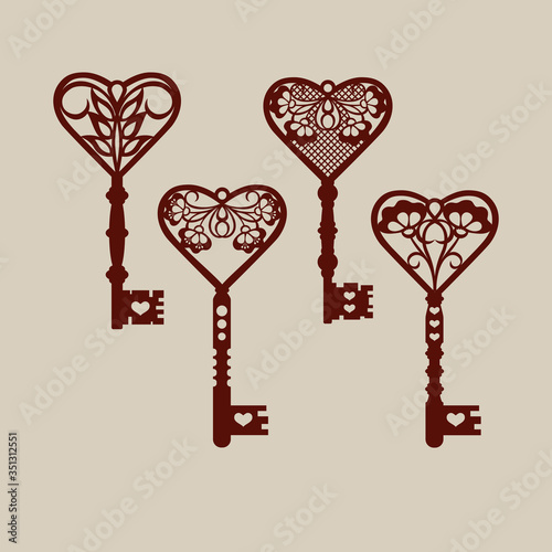 Set of templates of decorative keys for laser cutting, paper cutting, stencil making. The image is suitable for interior design, props, wedding, Valentine's day, individual creativity