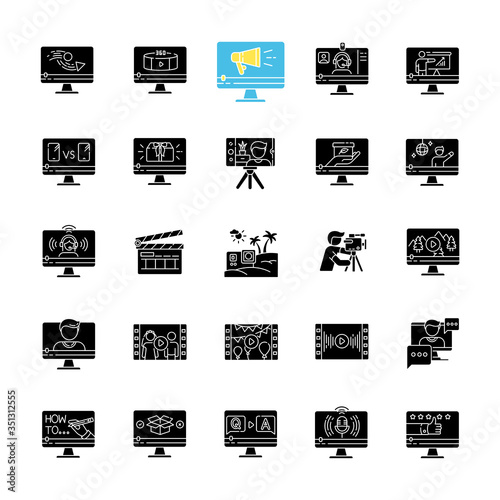 Video production black glyph icons set on white space. Internet blog content. Promotional, informational and entertainment videography. Silhouette symbols. Vector isolated illustration