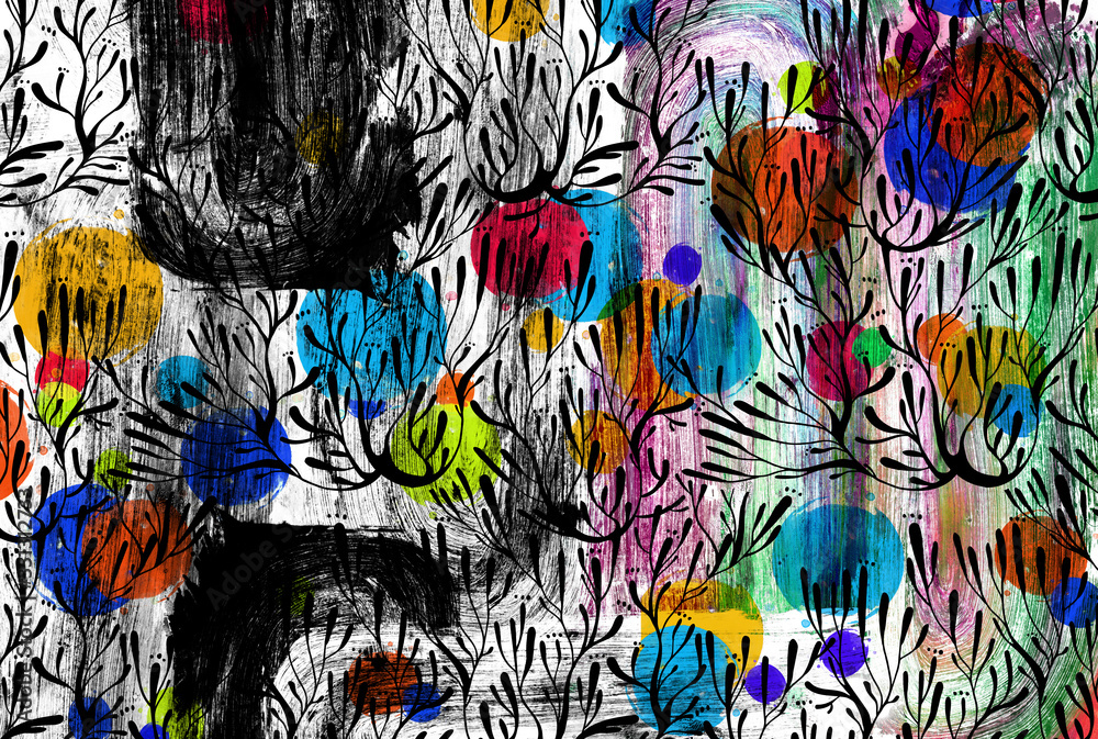 Vivid imprint of the paint blots concept in grunge style with coral seaweed in the ocean or tree branches.