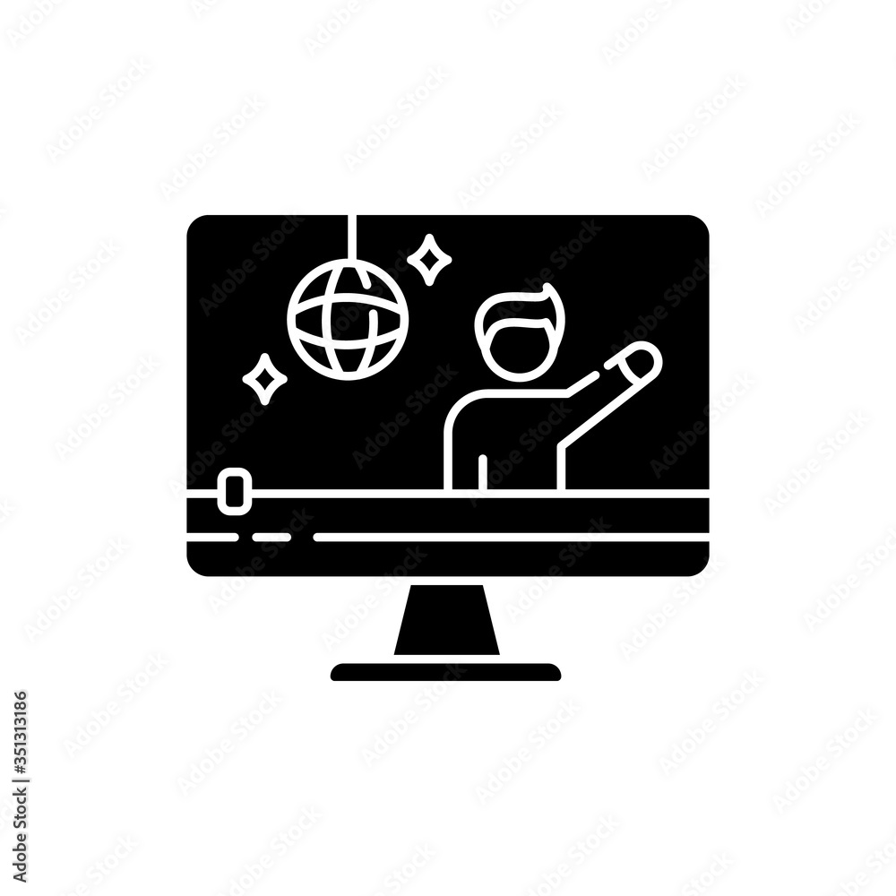 Concert video black glyph icon. Music event online streaming. Watching band live performance on Internet. Digital content creating. Silhouette symbol on white space. Vector isolated illustration Concert video black glyph icon. Music event online streaming. Watching band live performance on Internet. Digital content creating. Silhouette symbol on white space. Vector isolated illustration