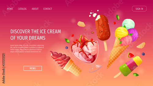 Web page design with set of various ice cream. Ice cream parlor or shop, Sweet products, Dessert concept. Vector illustration for poster, banner, website, advertisement, commercial, menu.