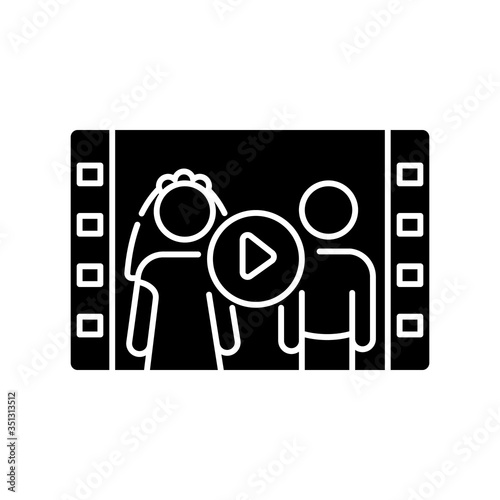 Wedding videography black glyph icon. Family event record. Video production. Filmstrip of wife and husband engagement ceremony. Silhouette symbol on white space. Vector isolated illustration