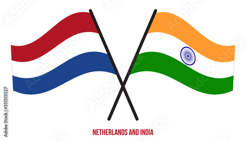 Netherlands and India Flags Crossed And Waving Flat Style. Official Proportion. Correct Colors