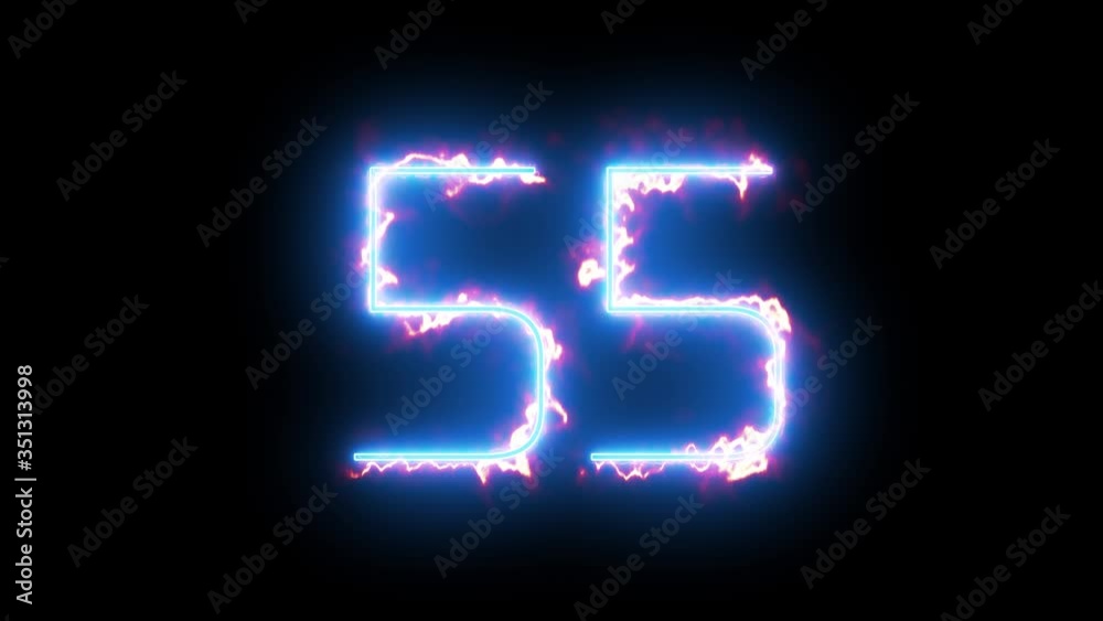 Blue lights form luminous numeral 55 on black background. Appears and disappears. Fiery style. 4k. Seamless loop. Blue lights form luminous numeral 55 on black background. Appears and disappears. Fiery style. 4k. Seamless loop.