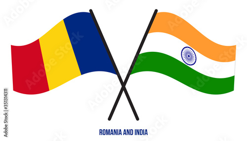 Romania and India Flags Crossed And Waving Flat Style. Official Proportion. Correct Colors