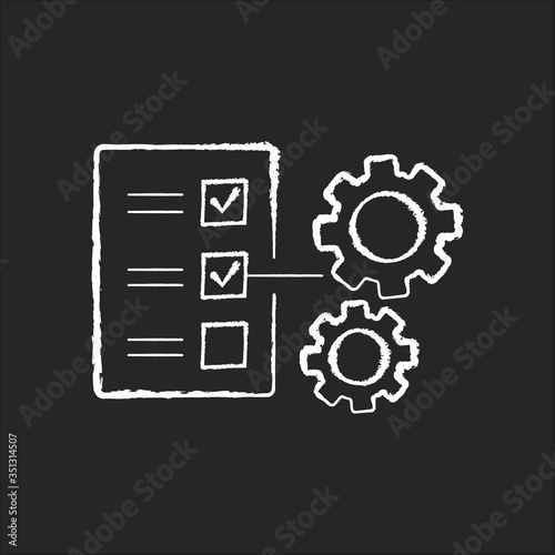 Technical task chalk white icon on black background. Document with checklist. Engineer note. Report on regulation. Management list. Research for project. Isolated vector chalkboard illustration