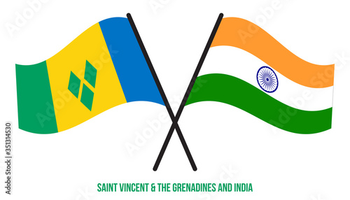Saint Vincent & the Grenadines and India Flags Crossed And Waving Flat Style. Official Proportion