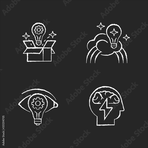 Creative mindset chalk white icons set on black background. Imagination of creative artist. New vision, innovative insight. Inspiration to work on project. Isolated vector chalkboard illustrations