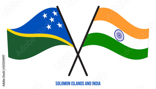 Solomon Islands and India Flags Crossed And Waving Flat Style. Official Proportion. Correct Colors