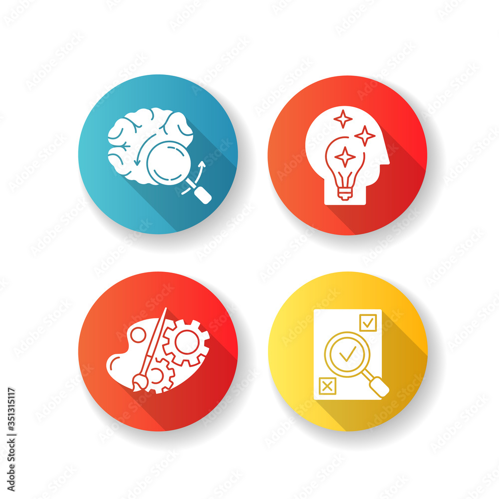 Logical mind flat design long shadow glyph icons set. Brainstorming for project. Idea generation. Analytical mindset. Evaluation and assessment of task. Silhouette RGB color illustration Logical mind flat design long shadow glyph icons set. Brainstorming for project. Idea generation. Analytical mindset. Evaluation and assessment of task. Silhouette RGB color illustration