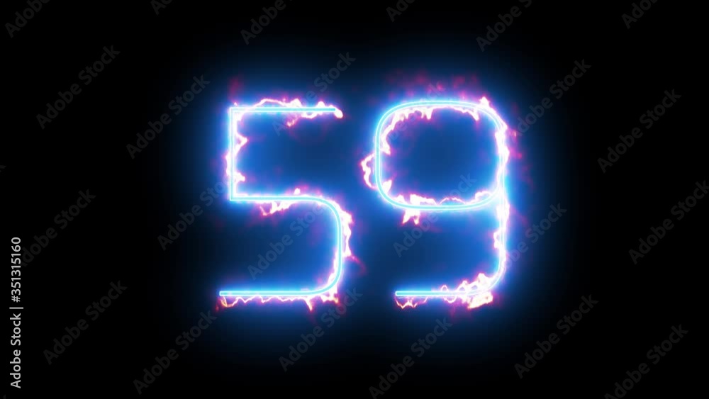 Blue lights form luminous numeral 59 on black background. Appears and disappears. Fiery style. 4k. Seamless loop. Blue lights form luminous numeral 59 on black background. Appears and disappears. Fiery style. 4k. Seamless loop.