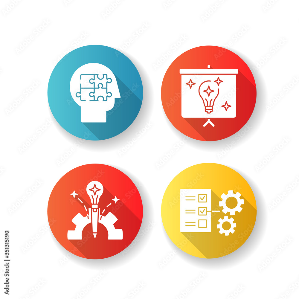 Creative approach flat design long shadow glyph icons set. Business project. Presentation of finalized report. Smart innovative solution. Technical document. Silhouette RGB color illustration Creative approach flat design long shadow glyph icons set. Business project. Presentation of finalized report. Smart innovative solution. Technical document. Silhouette RGB color illustration