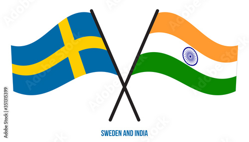 Sweden and India Flags Crossed And Waving Flat Style. Official Proportion. Correct Colors