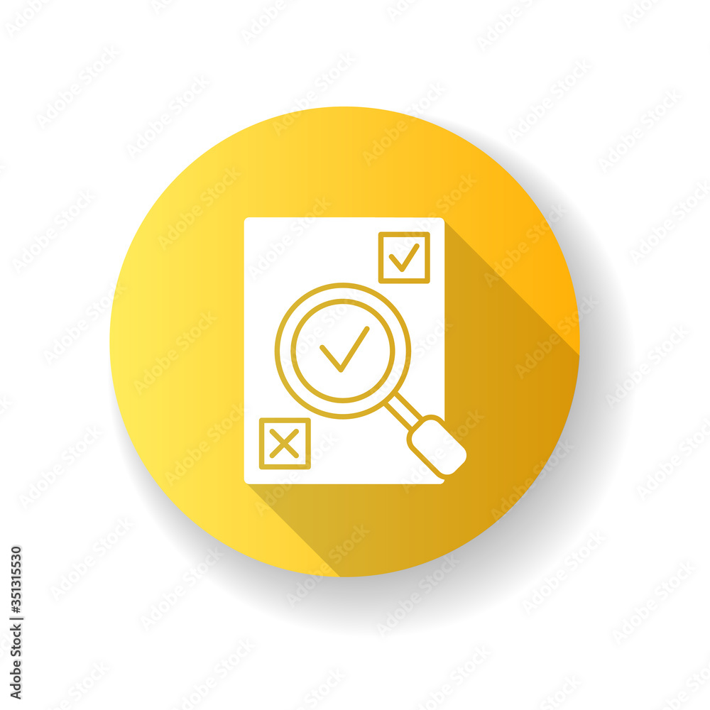 Evaluation yellow flat design long shadow glyph icon. Assessment of research. Check of statistic. Find information in report. Inspect exam paper. Administrative work. Silhouette RGB color illustration Evaluation yellow flat design long shadow glyph icon. Assessment of research. Check of statistic. Find information in report. Inspect exam paper. Administrative work. Silhouette RGB color illustration