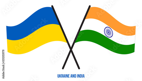 Ukraine and India Flags Crossed And Waving Flat Style. Official Proportion. Correct Colors