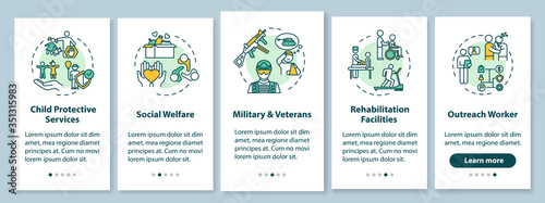 Social welfare onboarding mobile app page screen with concepts. Help with mental and physical health walkthrough 5 steps graphic instructions. UI vector template with RGB color illustrations