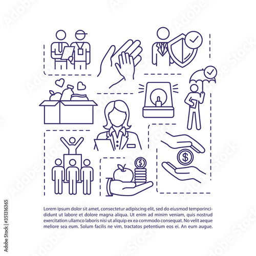 Human welfare concept icon with text. Help for family in need. Charity support. Social service. PPT page vector template. Brochure, magazine, booklet design element with linear illustrations