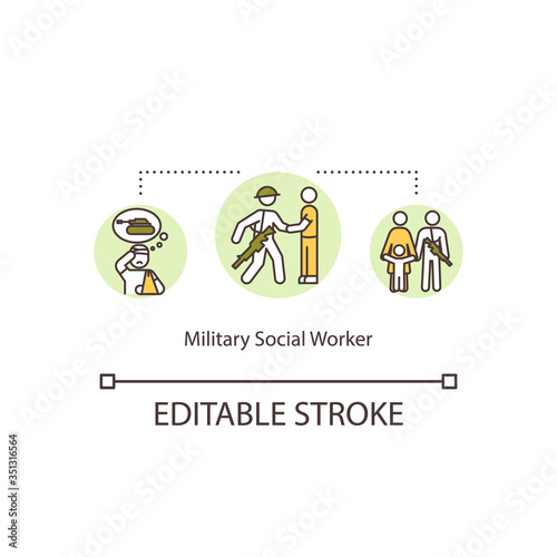 Military social worker concept icon. Support for veteran. Help for soldier with mental health issue idea thin line illustration. Vector isolated outline RGB color drawing. Editable stroke