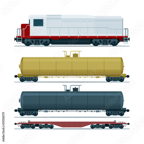 Train cargo wagons.  Railway transport. Diesel Locomotive, railroad tank car and heavy duty flat car. Part sf set.