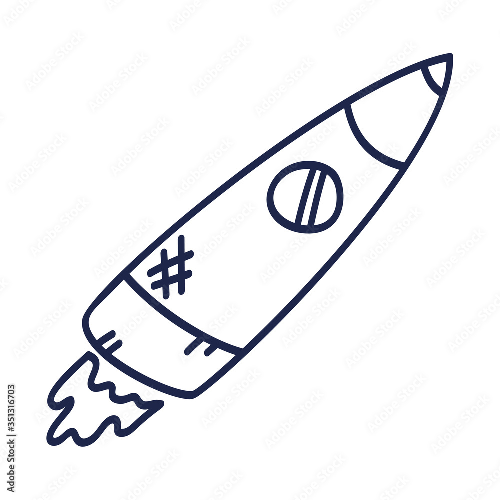 Cartoon rocket hand drawn outline illustration. Cute space shuttle clipart. Doodle spaceship. Spacecraft print. Space.