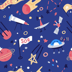 Fototapete Kosmosmuster Raketen UFO und Satelliten Kindermuster  © lunarts_studio