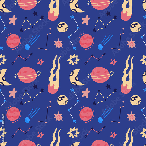 Space vector seamless pattern of planets, orbits, flying saucer, stars. Cartoon flat style cosmos background. Vector illustration. Cartoon icons.