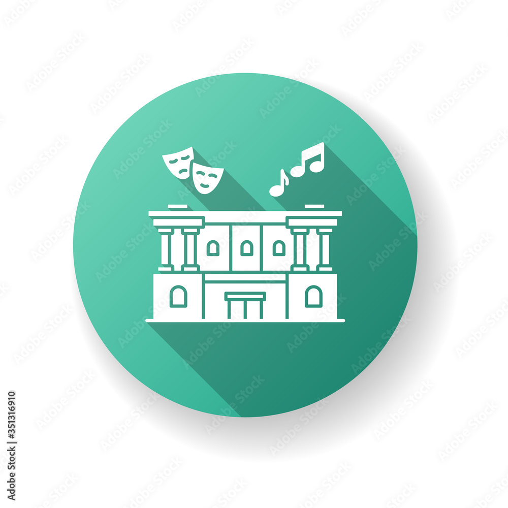 Cultural center green flat design long shadow glyph icon. Theater performance. Opera building exterior. Classic architecture. Entertainment event. Drama concert. Silhouette RGB color illustration