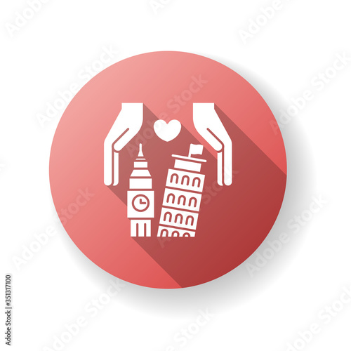 Landmark preservation red flat design long shadow glyph icon. Tourism service. Travel across Europe. Historic construction preservation. Building restoration. Silhouette RGB color illustration