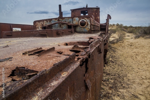 Detail of a rusty ship at the ship graveyard in former Aral sea port town Moynaq (Mo‘ynoq or Muynak), Uzbekistan