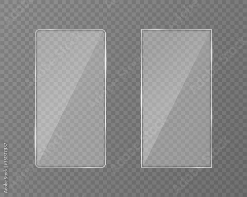 Glass plate set isolated on transparent background. Acrylic glass plates with gleams and light reflections in rectangle shape. Vector illustration.