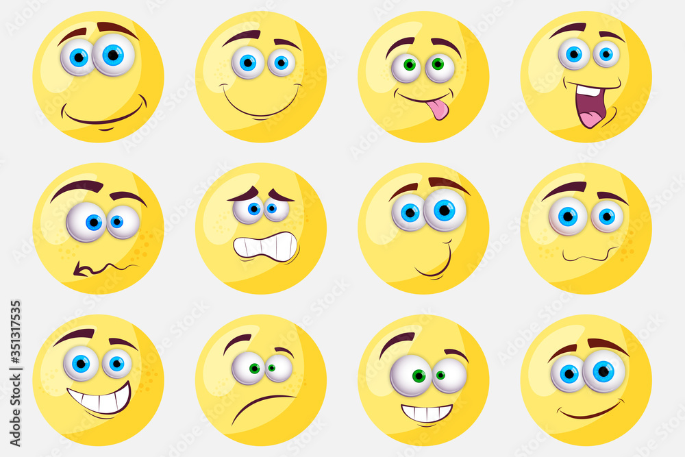  Expressive eyes and mouth, character face expressions.  Isolated vector illustration on yellow background