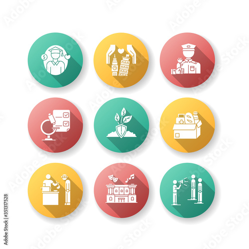 Human support flat design long shadow glyph icons set. Student loan for college. Social service. Volunteering to assist homeless. Food bank. Humanitarian aid. Silhouette RGB color illustration