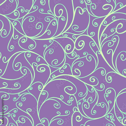 Seamless vector pattern with curved lines on purple background. Romantic floral wallpaper texture. 