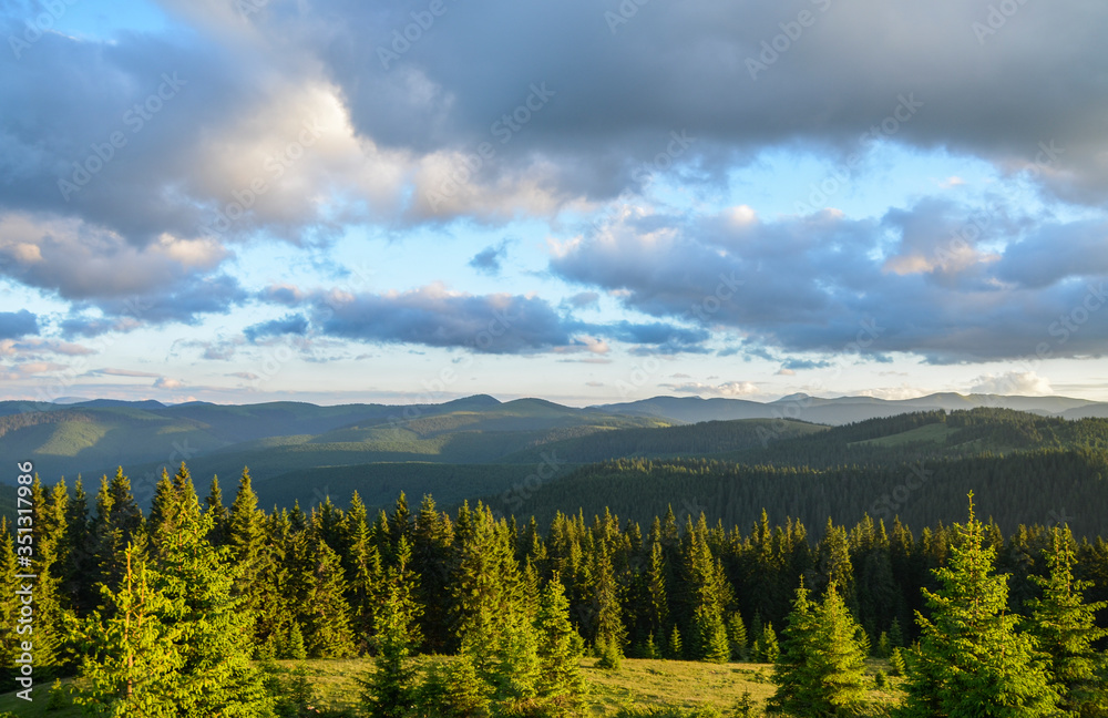 Beautiful summer landscape of green highland pasture under sky with clouds in evening. Golden sunset in Carpathian mountains